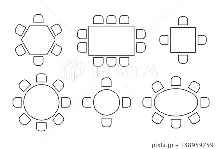 Floor plan icons set showing round table with chairs from top view for restaurant layout design, wedding seating arrangement, and event planning blueprints. Floor plan icons set showing round table with chairs from top view for restaurant layout design, wedding seating arrangement, and event planning blueprints. 138959759