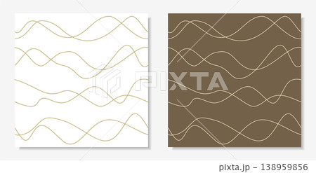 Set of two seamless minimalist patterns of wavy thin lines in earthy brown and olive tones. Vector illustration. 138959856