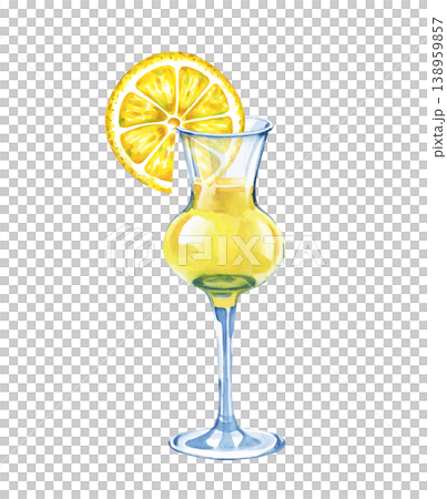 Hand-painted Limoncello liqueur in a glass with a yellow slice of lemon. Watercolor illustration on an isolated background. Hand-painted Limoncello liqueur in a glass with a yellow slice of lemon. Watercolor illustration on an isolated background. 138959857