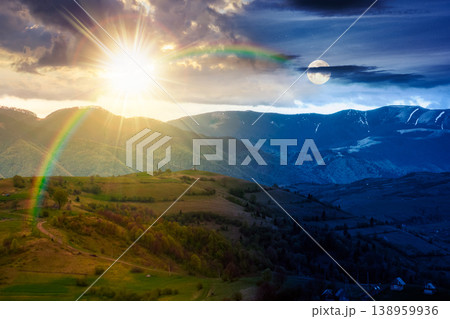 day meet night. mountainous countryside scenery. epic sky view above the valley. sun and moon over green fields and trees on the hills. nature scenery of carpathian mountains. harmony concept day meet night. mountainous countryside scenery. epic sky view above the valley. sun and moon over green fields and trees on the hills. nature scenery of carpathian mountains. harmony concept 138959936