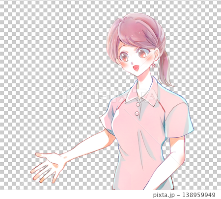 A woman in a polo shirt extends her hand; she is a caregiver or helper, smiling and offering support. A woman in a polo shirt extends her hand; she is a caregiver or helper, smiling and offering support. 138959949