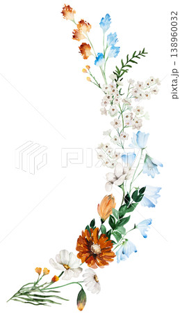 Watercolor bouquet with blue, ivory and orange wildflowers, rustic isolated illustration for stationery 138960032