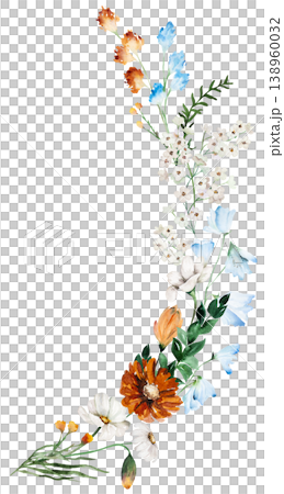Watercolor bouquet with blue, ivory and orange wildflowers, rustic isolated illustration for stationery 138960032