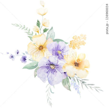 Watercolor bouquet with light purple and yellow flowers, isolated illustration for wedding stationery 138960034