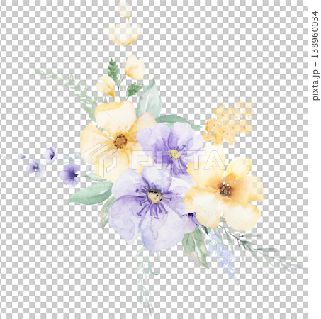 Watercolor bouquet with light purple and yellow flowers, isolated illustration for wedding stationery 138960034
