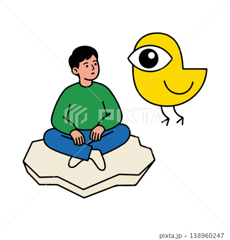 Man Meditating with Bird Character 138960247