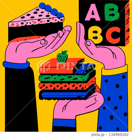 Hands Holding Cake, Books, and ABC Blocks Hands Holding Cake, Books, and ABC Blocks 138960262