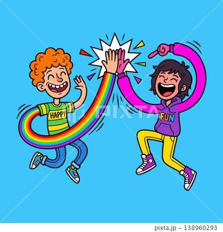 Cartoon Kids High-Fiving with Rainbow Arm Cartoon Kids High-Fiving with Rainbow Arm 138960293