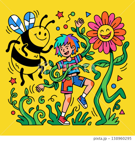 Cartoon Illustration of a Boy, Bee, and Flower 138960295