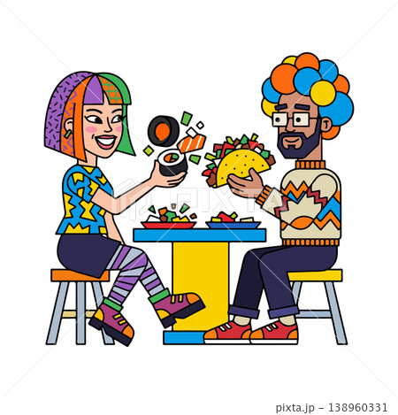 Cartoon Couple Eating Sushi and Taco 138960331