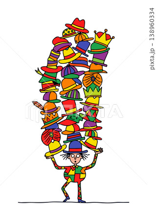 Man Balancing Stack of Colorful Hats 138960334