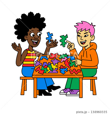 Two People Doing a Jigsaw Puzzle 138960335