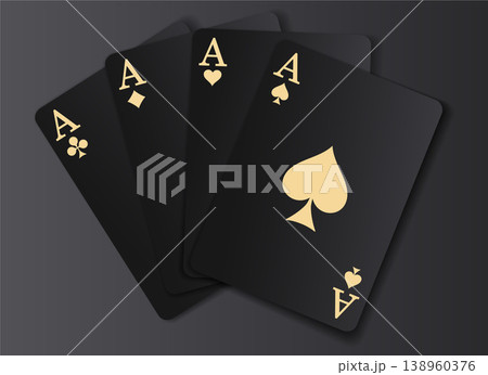 Elegant vector illustration of four aces of all suits (spades, hearts, diamonds, clubs) in a fan layout. Cards feature a "black on black" style with golden gradient symbols. Minimalist and luxury desi Elegant vector illustration of four aces of all suits (spades, hearts, diamonds, clubs) in a fan layout. Cards feature a "black on black" style with golden gradient symbols. Minimalist and luxury desi 138960376