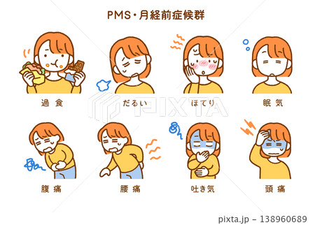 月経前症候群(PMS)症状イラスト8点セット｜生理前・ホルモンバランス 138960689