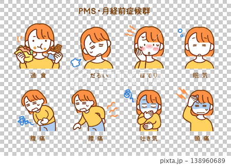 月経前症候群(PMS)症状イラスト8点セット｜生理前・ホルモンバランス 138960689