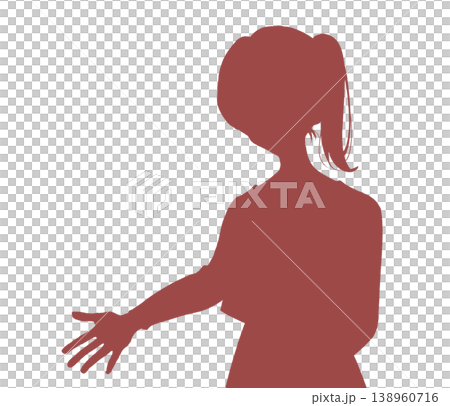 A woman with a ponytail reaching out her hand; wearing a cardigan; silhouette. A woman with a ponytail reaching out her hand; wearing a cardigan; silhouette. 138960716