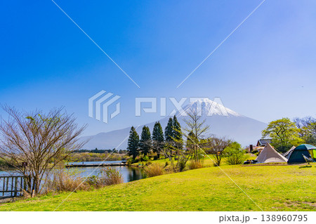 （静岡県）桜が咲いた田貫湖キャンプ場と富士山 138960795