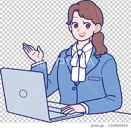 An illustration of a young woman in a suit explaining something in front of a laptop. An illustration of a young woman in a suit explaining something in front of a laptop. 138960929