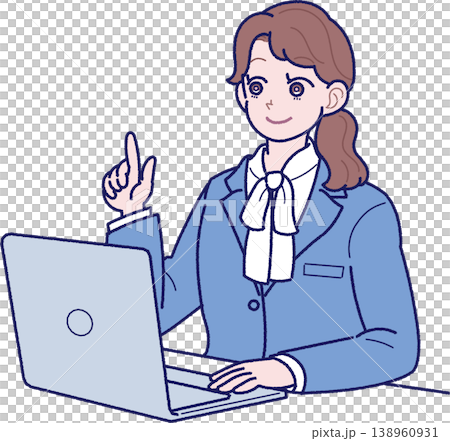 An illustration of a young woman in a suit explaining something in front of a laptop. An illustration of a young woman in a suit explaining something in front of a laptop. 138960931
