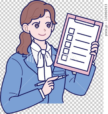 一幅插圖,描繪了一位身穿西裝的年輕女子,她手持文件和鋼筆。 一幅插圖,描繪了一位身穿西裝的年輕女子,她手持文件和鋼筆。 138960933