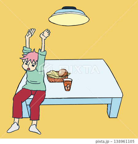 新生活をはじめた青年が行儀悪く食卓に座ってリラックスしながら生活している変わった漫画イラスト素材 138961105