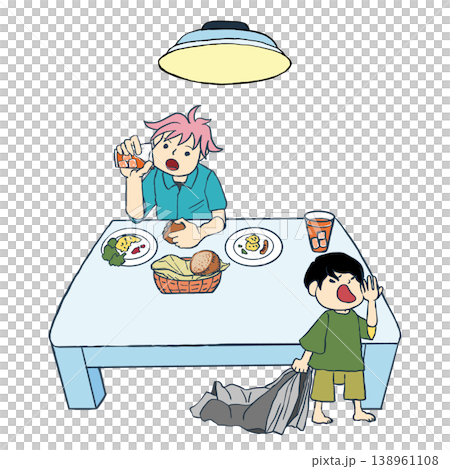 A cartoon illustration of an older brother eating breakfast at the dining table and a younger brother getting dressed while yawning. 138961108