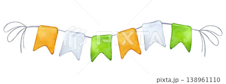 Watercolor Irish garland of flags waving downwind. Saint Patrick's Day. National colors green white orange. Hand drawn illustration isolated background. For postcard, invitation, printing, wrapping 138961110