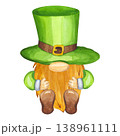 Leprechaun or gnome in green suit, hat with red beard. Character for Happy Saint Patrick Day. Hand drawn watercolor illustration isolated background. Irish holiday parade Happy March 17th. 138961111