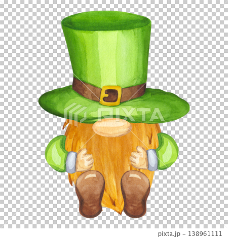 Leprechaun or gnome in green suit, hat with red beard. Character for Happy Saint Patrick Day. Hand drawn watercolor illustration isolated background. Irish holiday parade Happy March 17th. Leprechaun or gnome in green suit, hat with red beard. Character for Happy Saint Patrick Day. Hand drawn watercolor illustration isolated background. Irish holiday parade Happy March 17th. 138961111