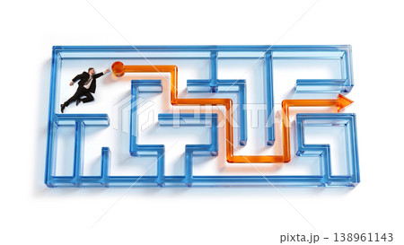 Businessman navigating maze finding path to success and solution. Businessman navigating maze finding path to success and solution. 138961143