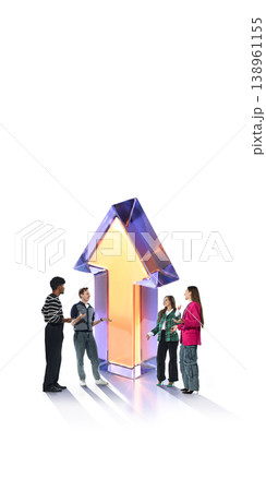 Diverse business team discussing growth strategy near large upward arrow symbol on white. Diverse business team discussing growth strategy near large upward arrow symbol on white. 138961155