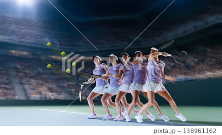 Female tennis player multiple motion sequence hitting ball on stadium court. Female tennis player multiple motion sequence hitting ball on stadium court. 138961162