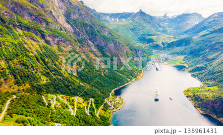 Fjord Geirangerfjord with ferry boat, Norway. 138961431