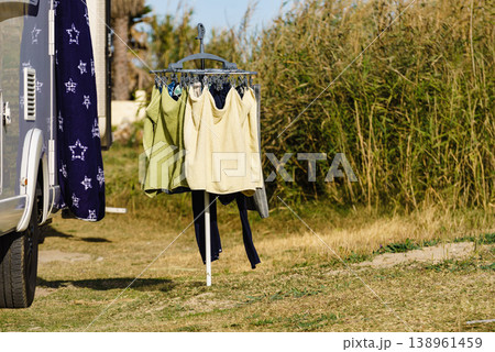 Clothes hanging to dry outdoor. Camping Clothes hanging to dry outdoor. Camping 138961459