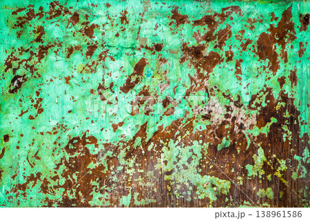 Rusty metal surface with peeling green paint outdoors - full-frame background and texture 138961586