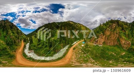 360 panorama in equirectangular projection of Mountain Valley with River and Yurts in Kyrgyzstan 360 panorama in equirectangular projection of Mountain Valley with River and Yurts in Kyrgyzstan 138961609