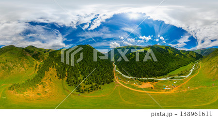 Aerial 360 panorama of serene mountain valley with grazing sheep and winding river 138961611