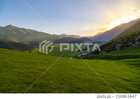 Majestic sunset over mountains and river in Kyrgyzstan Majestic sunset over mountains and river in Kyrgyzstan 138961647