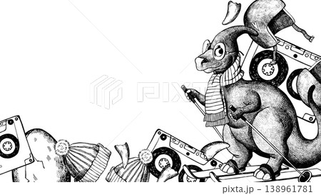 A graphic black and white frame featuring a dinosaur wearing a knitted scarf and skiing. 138961781