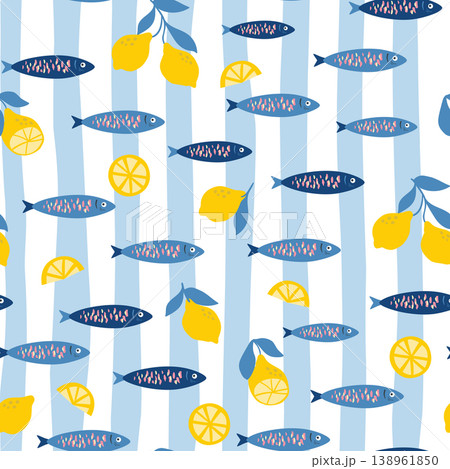 Stripes, sardines and lemon seamless pattern. Hand drawn Mediterranean food sea fish background, wallpaper, print Stripes, sardines and lemon seamless pattern. Hand drawn Mediterranean food sea fish background, wallpaper, print 138961850
