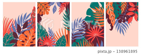 Tropical leaves banners with colorful exotic foliage, monstera, palm and philodendron framing vertical layouts with copy space, decorative jungle templates for poster or invitation Tropical leaves banners with colorful exotic foliage, monstera, palm and philodendron framing vertical layouts with copy space, decorative jungle templates for poster or invitation 138961895