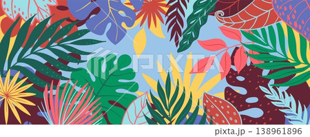 Tropical leaves background with colorful exotic foliage, monstera, palm, caladium and philodendron forming decorative frame, vibrant jungle border for banner or poster design Tropical leaves background with colorful exotic foliage, monstera, palm, caladium and philodendron forming decorative frame, vibrant jungle border for banner or poster design 138961896