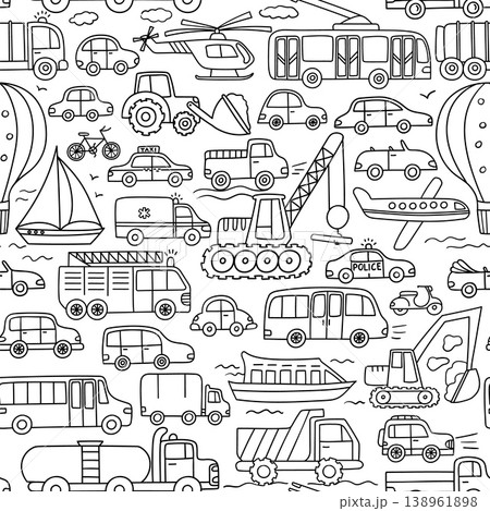 Transport seamless pattern with doodle cars, buses, trucks, taxi, police, ambulance, helicopter, airplane and boat, hand drawn monochrome vehicle texture for kids wallpaper 138961898