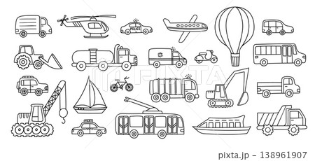 Transport doodle vector set with car, truck, van, bus, taxi, police, ambulance, helicopter, airplane, balloon, bicycle, scooter, boat and construction vehicles outline icons 138961907