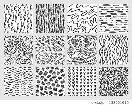 Doodle seamless patterns with wavy lines, herringbone marks, squiggles, ovals, zigzags, abstract curls, maze like forms, overlapping loops, scattered short strokes, small hearts and tangled lines Doodle seamless patterns with wavy lines, herringbone marks, squiggles, ovals, zigzags, abstract curls, maze like forms, overlapping loops, scattered short strokes, small hearts and tangled lines 138961910