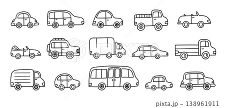 Car vehicle doodle set with auto, truck, pickup, van, minibus, bus, SUV, sedan, hatchback and convertible, hand drawn outline transport icons in black and white vector illustration 138961911