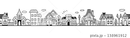 Town street village border doodle panorama with houses and homes in a neighborhood skyline, hand drawn residential facades, trees, lamps and clouds, monochrome vector banner illustration 138961912
