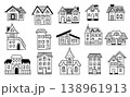 House building cottage hand drawn vector set with townhouse, villa and home facades, monochrome outline residential architecture icons for real estate, housing and village design 138961913