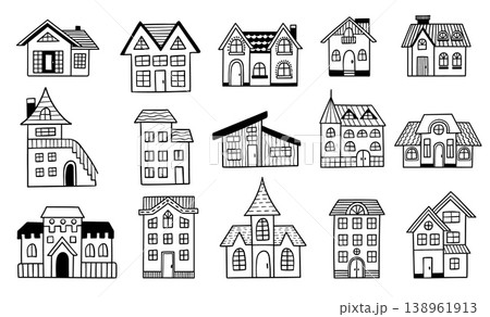 House building cottage hand drawn vector set with townhouse, villa and home facades, monochrome outline residential architecture icons for real estate, housing and village design 138961913