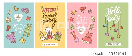 Baby shower card invitation poster collection for newborn girl and boy, cute vector greeting templates with baby party, bear, duck, pacifier, bottle, romper, dress and gift 138961914